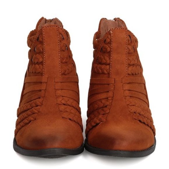 Qupid Almond Toe Braided Strappy Low Chunky Heel Chestnut Ankle Boot - Picture 4 of 5